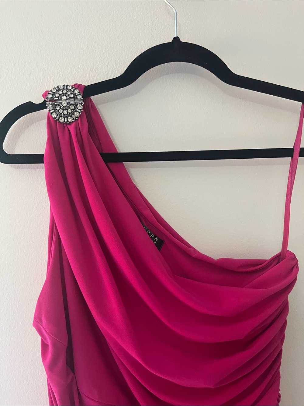 Lauren Ralph Lauren Magenta One-Shoulder Draped Dress with Jeweled Accent